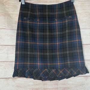 cAbi Heritage Wool Blend Brown Blue Plaid Ruffle Pleat Academia Skirt Women's 8